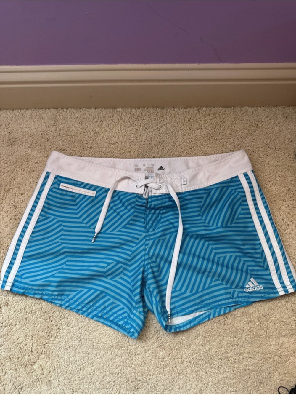adidas womens’s Turquoise White Striped Swim Shorts